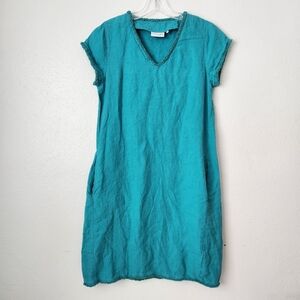 Foil Turquoise 100% Linen Vneck Short Sleeve Dress Size 4